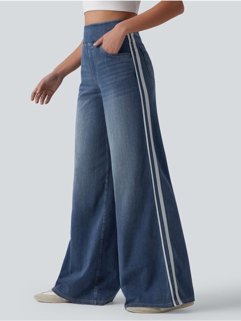 🌸HS7 - High Waisted Wide Leg Striped Washed Casual Jeans💙👖🛍️